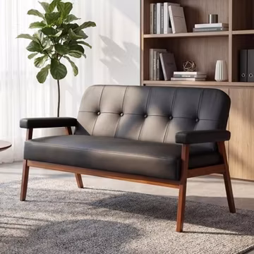 50”W Black Faux Leather Small Office Couch Loveseat Sofa with Wood Arms