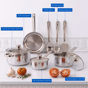 Mainstays 10 Piece Stainless Steel Cookware Set Pots Pans Lids Utensils