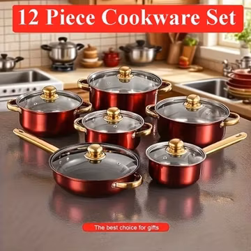 12Pcs Red Stainless Steel Non-Stick Cookware Set Kitchen Pot Frying Pan Saucepan