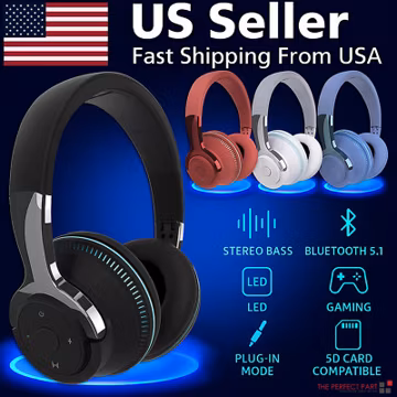 Wireless Bluetooth 5.1 Headphones Over Ear LED Headset Stereo Noise Cancelling
