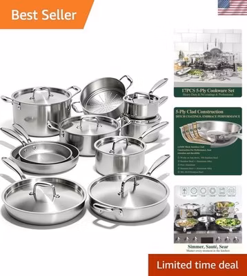 17Pcs 5 Ply Clad Stainless Steel Cookware Set with Lids, Heavy Duty Pots and ...