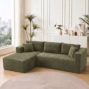 L-Shaped Sectional Sofa with Chaise 105" Green Corduroy Modular Cloud Couch