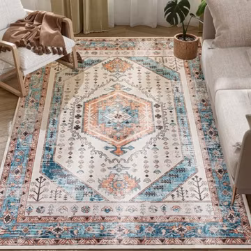 5x7 Area Rug, Vintage Machine Washable Rug for Bedroom, Brown Blue