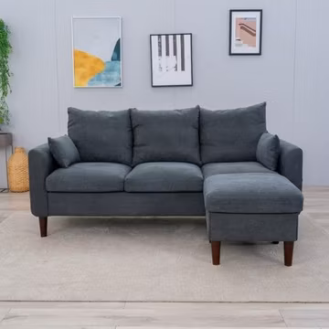 Sectional Sofa Modern Deep 3-Seat Couch with Ottoman Grey Linen Curved Arms