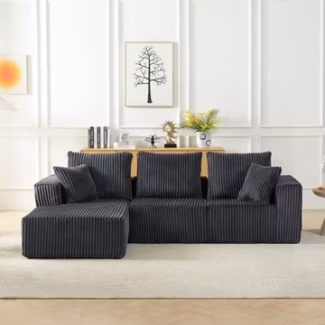 Corduroy Sectional Sofa 4-Seater Cloud Couch 103.5"L Dark Grey