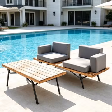 Acacia Wood & Iron Loveseat with Coffee Table Outdoor Patio Set
