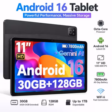 Tablet 11 Inch Android 16 30GB RAM+128GB ROM (TF 1TB) 5-Core 7800mAh Touchscreen