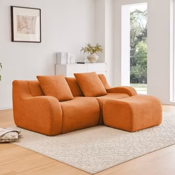 L-Shaped Teddy Fabric 2-Seat Boneless Sofa, Curved Armrest, Orange