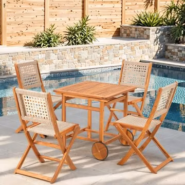 Outdoor Patio Dining Set, Acacia Wood Outdoor Table and Chairs with Wheels