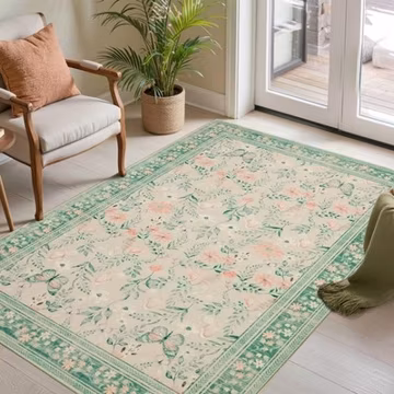 Entryway Rug, 3x5 Washable Area Rug, Green Vintage Boho Throw Rugs, Non Slip