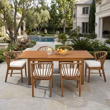 Acacia Wood Outdoor Dining Set with Cream Cushions, 6 Chairs 1 Table
