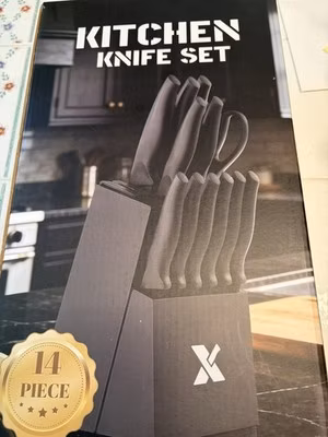 Black Knives Set, 14 Piece including Knife Block and Built in Sharpener-New
