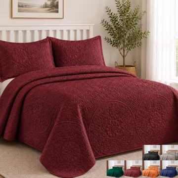 3 Piece Embossed Quilted Bedspread Bedding Set Reversible Coverlet Bed Throw