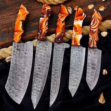 CUSTOM HANDMADE RAINDROP DAMASCUS HAMMERED 5 PIECES CHEF SET W/ LEATHER BAG