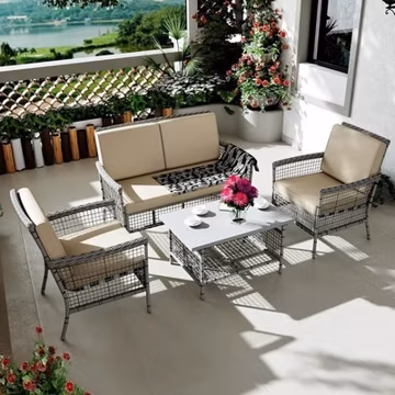 4PCS Outdoor Patio Rattan Furniture Set Cushioned Sofa Coffee Table Deck