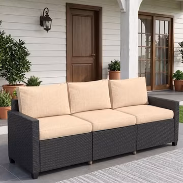 High Leg 3-Seat PE Rattan Patio Sofa, Wicker Couch with Thick Cushions