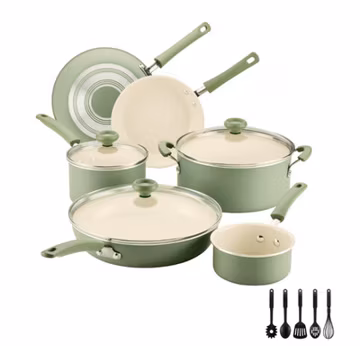 14 Piece Ceramic Nonstick Cookware Set with Cooking Tools, Dishwasher Safe,Green