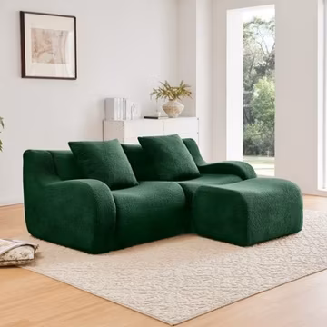 L-Shaped Teddy Fabric 2-Seat Boneless Sofa, Curved Armrest, Green