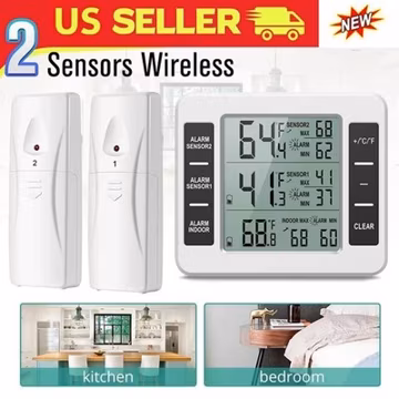 NEW Wireless Digital Refrigerator Freezer Thermometer Temp Alarm Dual Sensor US