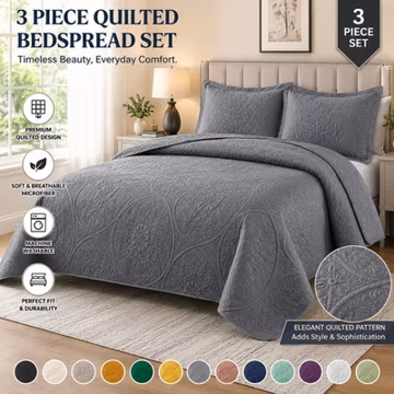 3 Piece Embossed Quilted Bedspread Bedding Set Reversible Coverlet Bed Throw