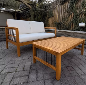2-Piece Modern Acacia Wood Metal Patio Loveseat & Coffee Table Set w/ Cushions
