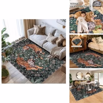 Geanlod Tiger Washable Area Rug 5x7ft Boho Botanical Jungle Floor Carpet