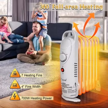 7-Fin Electric Indoor Space Heater, Quiet Portable Room Heater with Thermostat