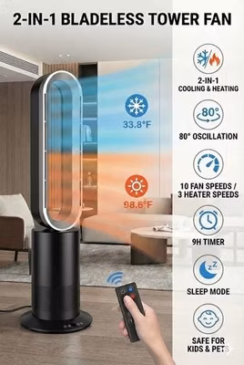 Tower Fan Space Heater 34" Bladeless 2-in-1 80° Oscillating Remote 9H Timer