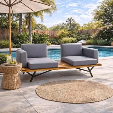 Acacia Wood 2 Seater Sofa with Metal Legs & Cushions for Patio Garden