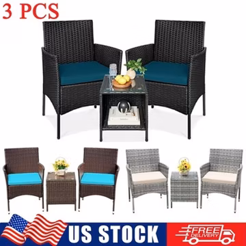 3 PCS Rattan Patio Furniture Set Backyard Cushioned Wicker Sofa Chair with Table