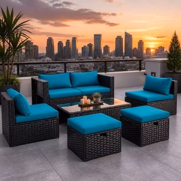 6pc Rattan Patio Furniture Set Wicker Sectional Sofa Teal Cushion Storage Table