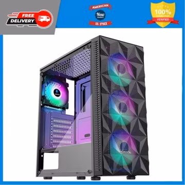 MOROVOL ATX Mid Tower Gaming PC Case 4 RGB Fans Tempered Glass Mesh Front Panel