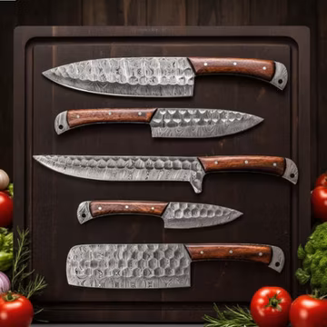 Hand-Forged Chef Knife Set - 5 Kitchen Knives Walnut Wood Handle w/ Leather Roll