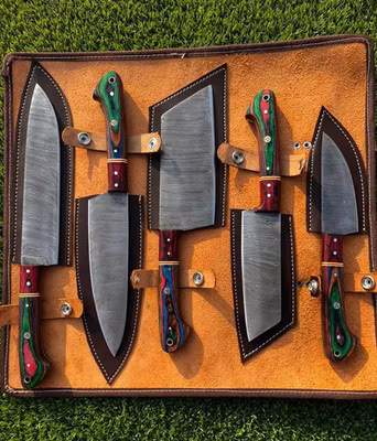 Handmade Damascus Steel Chef Knife Set with Leather Roll | Kitchen & BBQ Knives