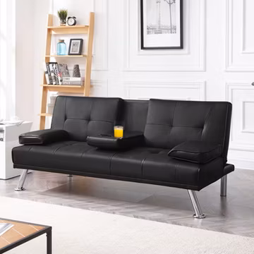 Faux Leather Sofa Bed Convertible Futon Sofa with 2 Throw Pillows Cup Holders