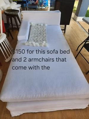 White Fabric Sleeper Sofa Bed, Convertible Wood Frame, Low Back, 2-Seat