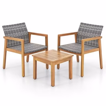 3 Pieces Outdoor Furniture Set, Acacia Wood Frame Sofa Set w/ Rattan Seat