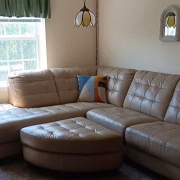Beige Leather Tufted L-Shaped Sectional Sofa with Chaise, Wood Frame