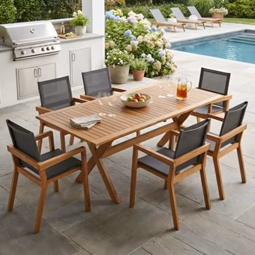 7-Pc Acacia Wood Outdoor Dining Set w/6 Chairs & 1 Extendable Table