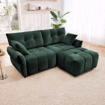 Chenille Fabric 2-Seater Sofa with Ottoman, Green, Minimalist Design