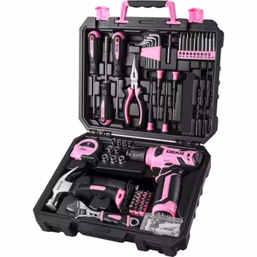 DEKOPRO126PC Drill Tool Set with 8V Pink Cordless Drill Home Tool Kit with Dril