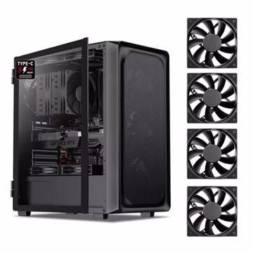 DARKROCK EC2 Black ATX Mid Tower PC Case w/ 4 x 120mm Black Fans, Type-C Ready