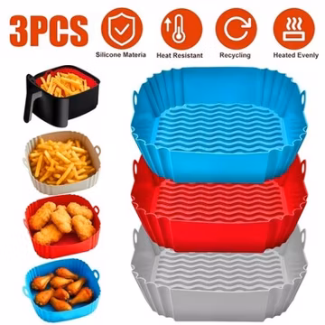 3x Air Fryer Silicone Pot Rectangle Baking Tray Basket Liners Insert Dish New