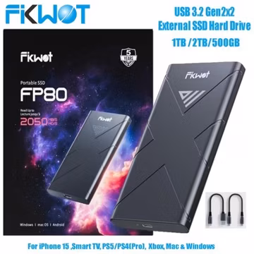 Fikwot External SSD 1TB 2TB USB 3.2 Gen 2 Portable Solid State Drive 2050MB/s