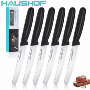 HAUSHOF Steak Knives Set 6PC Stainless Steel Serrated Steak Knife Set w/Gift Box