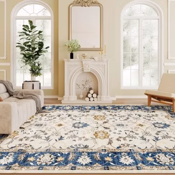 HOMCOM Machine Washable Area Rug 8x10, Boho Floral Print Carpet, Blue