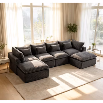 Modular Sectional Sofa 129.8"W Corduroy 4 Seat 2 Ottoman Antique Grey