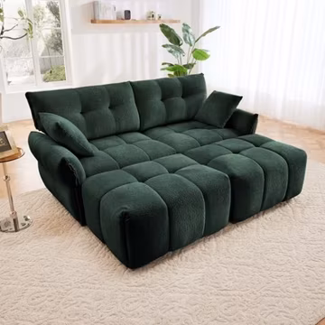 2 Seater Sofa Set with 2 Ottomans & Throw Pillows, Plush Chenille, Green