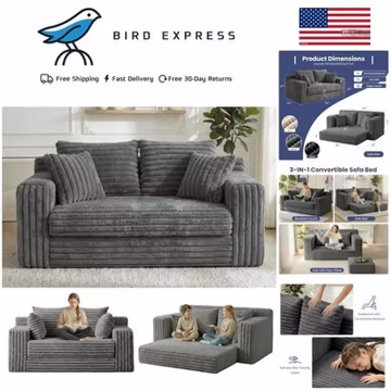 3-in-1 Convertible Sofa Bed Boneless Couch Grey w Removable Cushions & Pillows