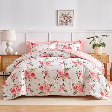 Cal King 7 Piece Floral Comforter Set Bed in a Bag Pink White Bedding Set